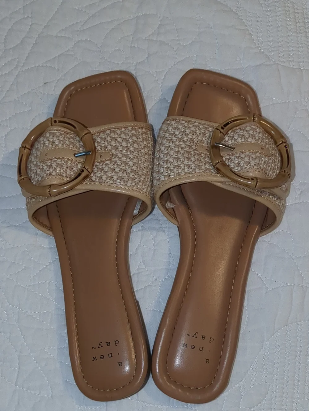 a new day Tan Woven Slide Sandals with Gold Buckle
